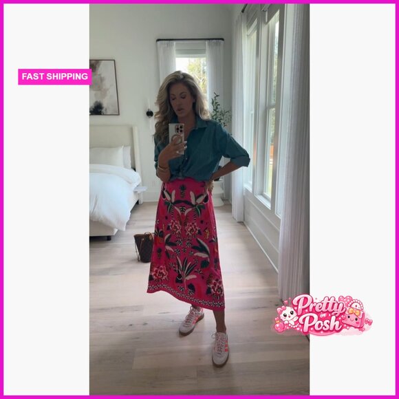 Polyester Blend Midi Skirt with Zipper High Waist A-Line - Picture 6 of 7